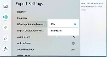 Аудиоформат входного сигнала HDMI выбран с выделенным PCM