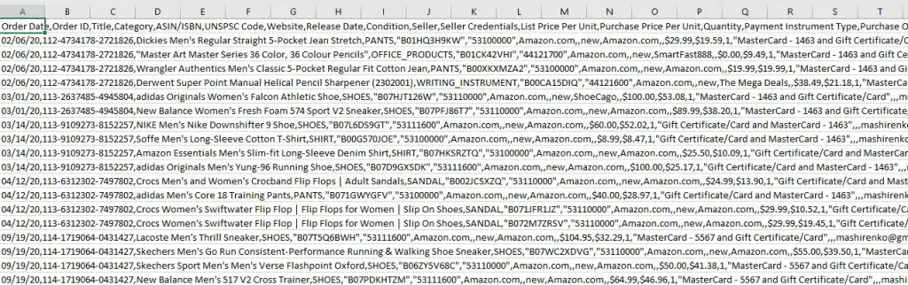 Отчет о покупках на Amazon