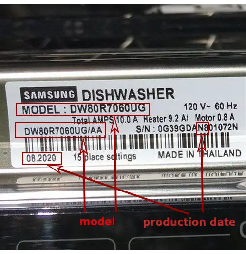 Номер модели, серийный номер и дата производства на наклейке посудомоечной машины