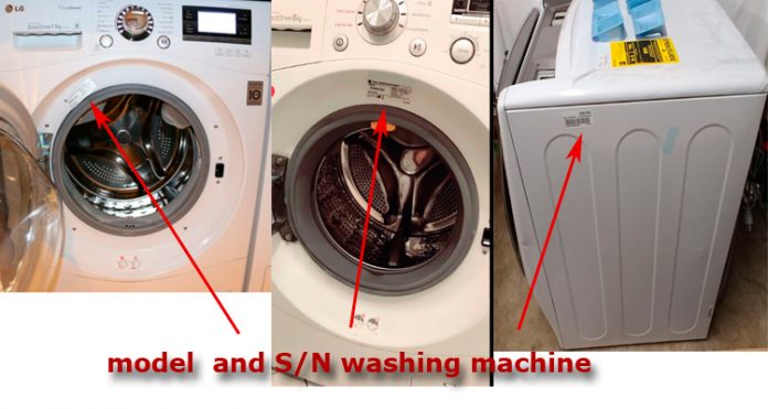 location of information on the model number and serial number of the LG washing machine